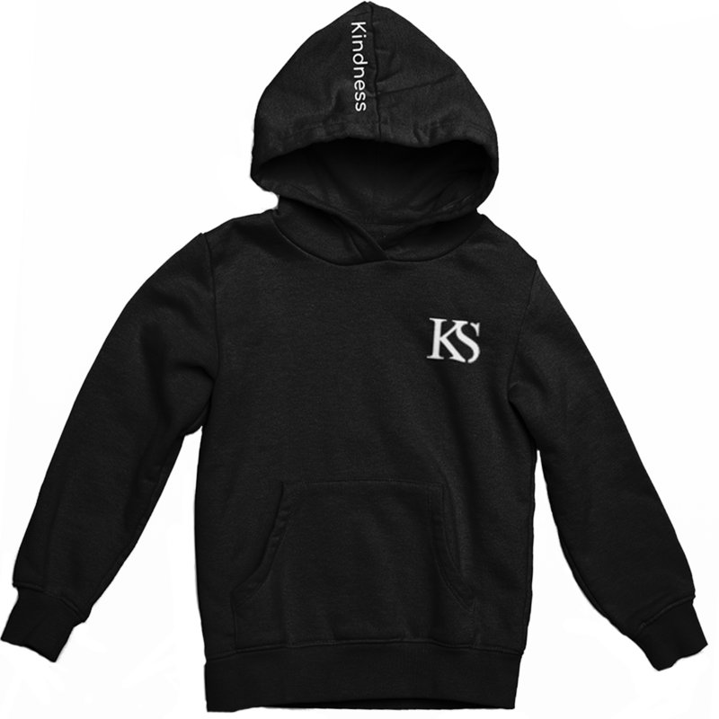 Black unisex hoodie with "Kindness" on the hood, made of 50% cotton and 50% polyester.