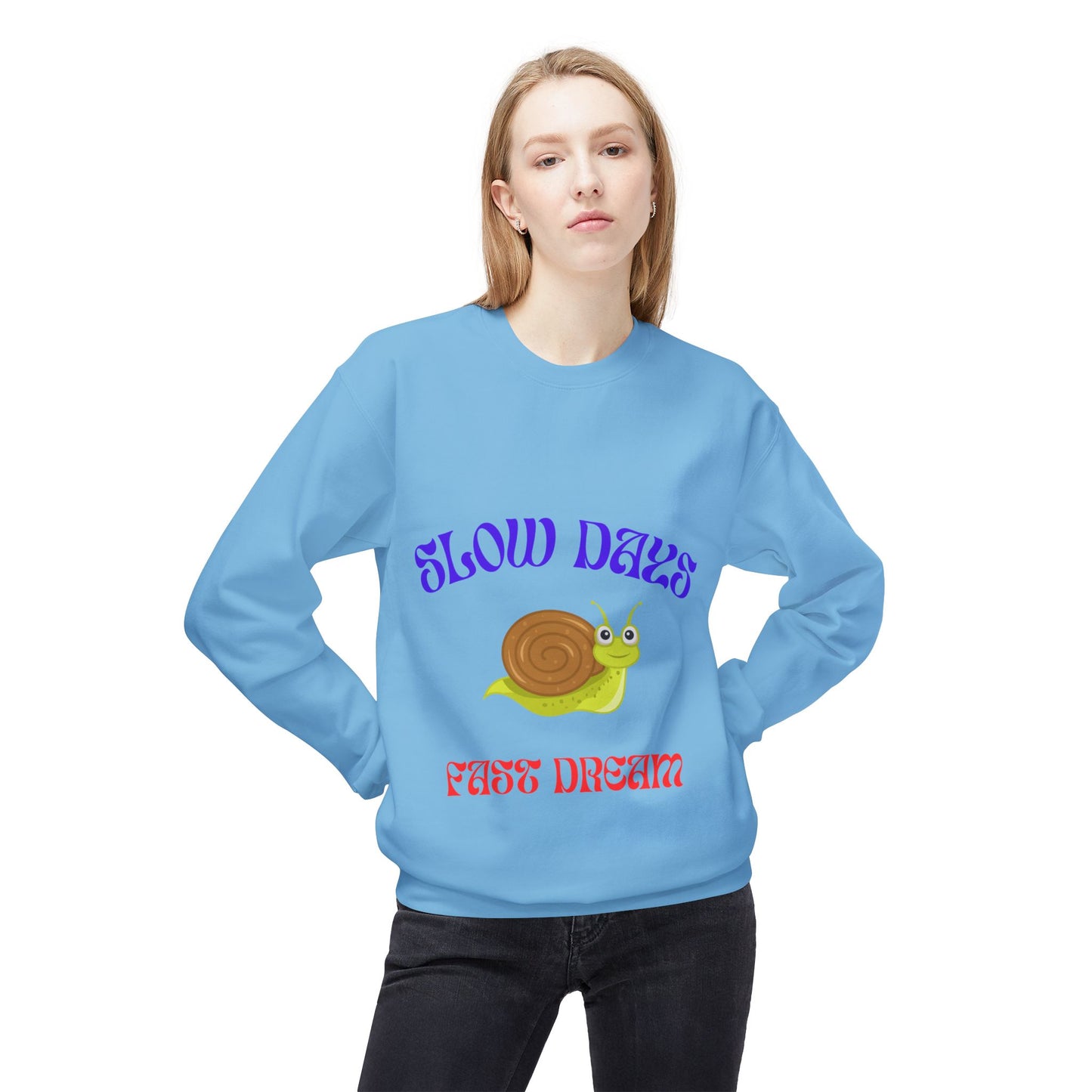 Slow Days Fast Dream Snail Crewneck Sweatshirt, Cozy Unisex Fleece Sweater, Cute Casual Top, Perfect Gift for Relaxation