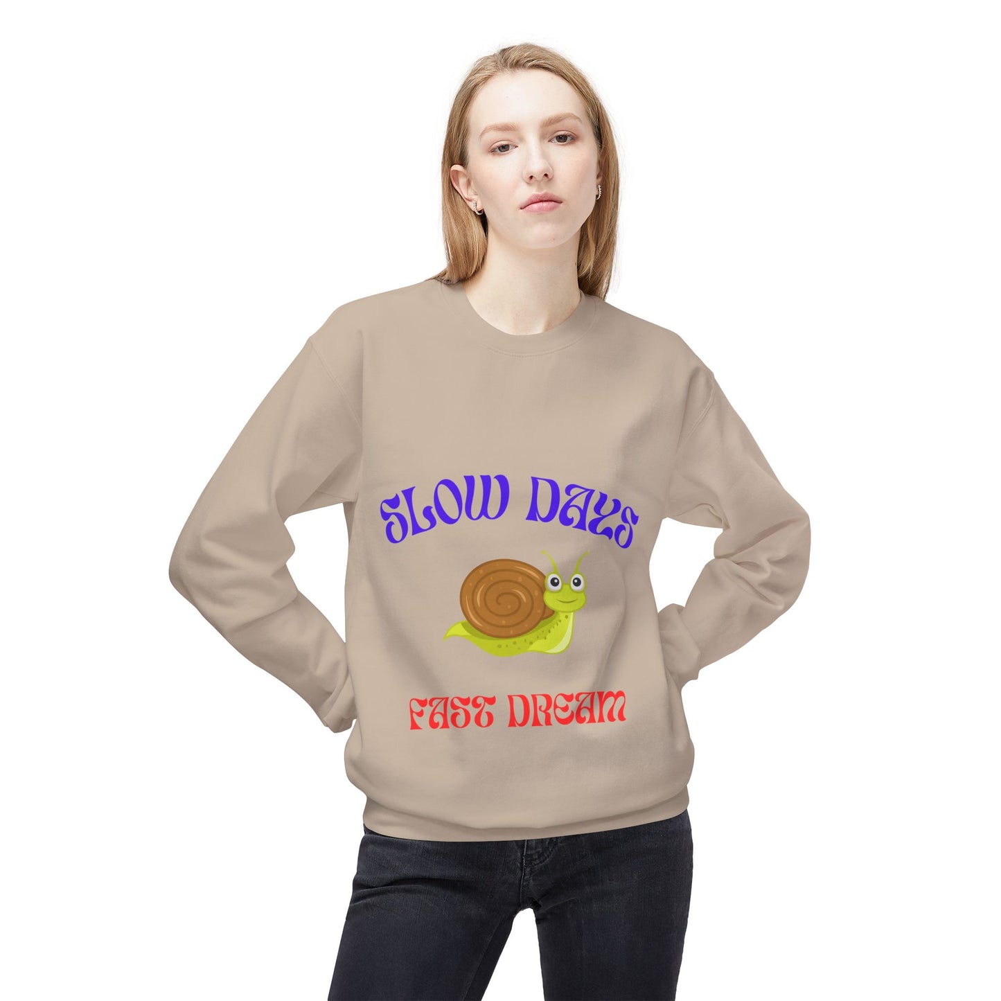 Slow Days Fast Dream Snail Crewneck Sweatshirt, Cozy Unisex Fleece Sweater, Cute Casual Top, Perfect Gift for Relaxation