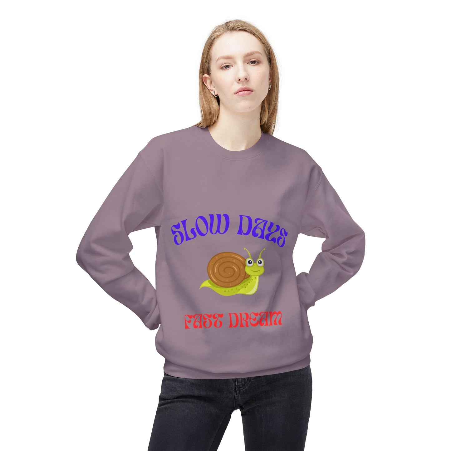 Slow Days Fast Dream Snail Crewneck Sweatshirt, Cozy Unisex Fleece Sweater, Cute Casual Top, Perfect Gift for Relaxation
