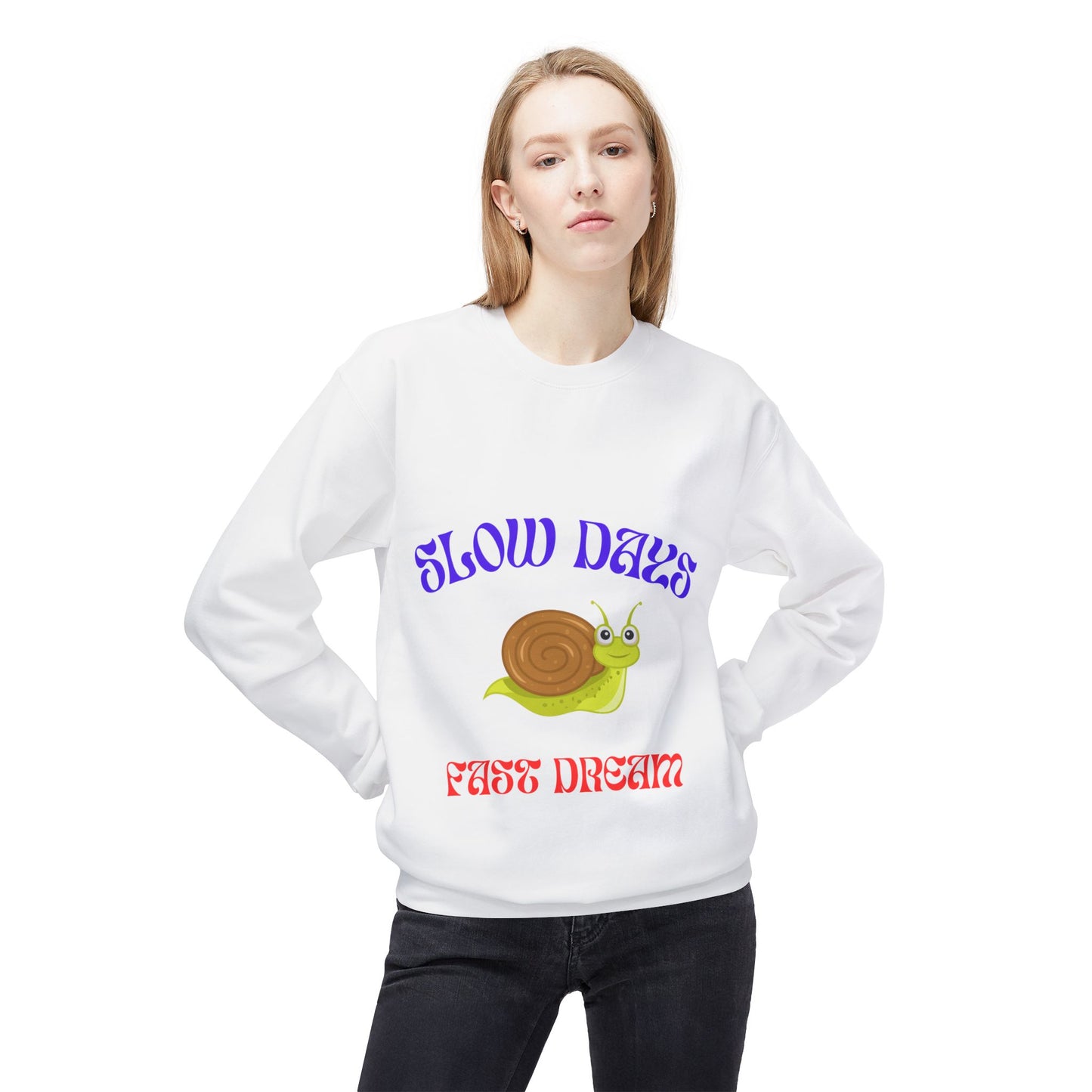 Slow Days Fast Dream Snail Crewneck Sweatshirt, Cozy Unisex Fleece Sweater, Cute Casual Top, Perfect Gift for Relaxation