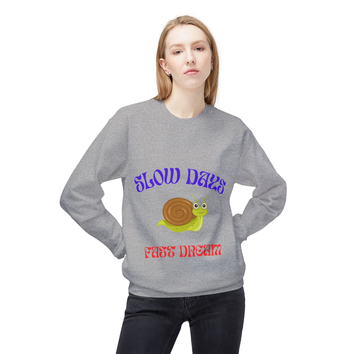 Slow Days Fast Dream Snail Crewneck Sweatshirt, Cozy Unisex Fleece Sweater, Cute Casual Top, Perfect Gift for Relaxation